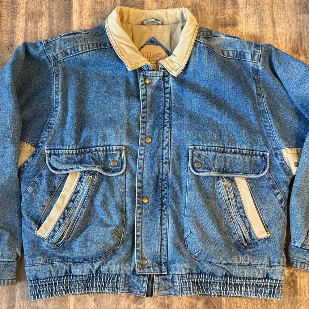 VTG 90s Denim Bomber Jacket 100% Cotton Heavyweight Utility Y2K Jean Unisex XL - Picture 10 of 12